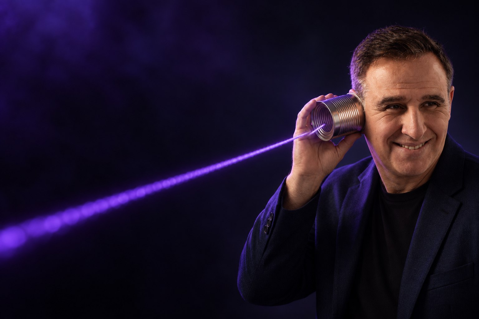 Marcelo Borlando escucha por un teléfono de lata conectado por un hilo de luz violeta