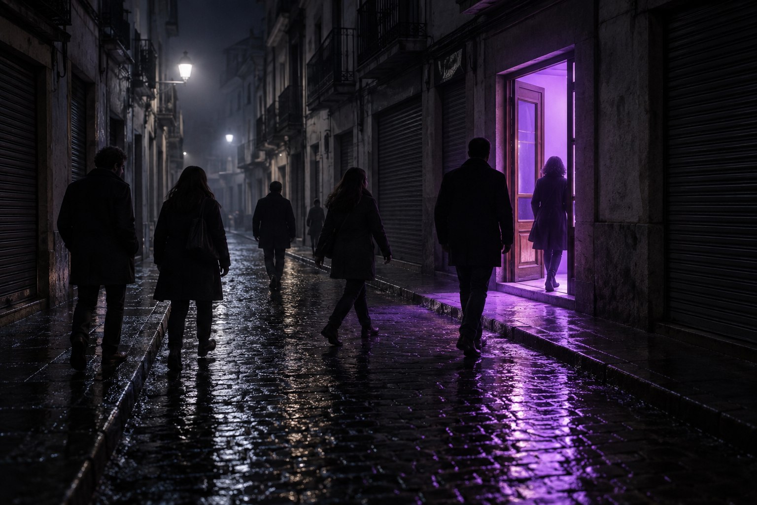 Personas caminando de noche hacia la única puerta iluminada en violeta de la calle