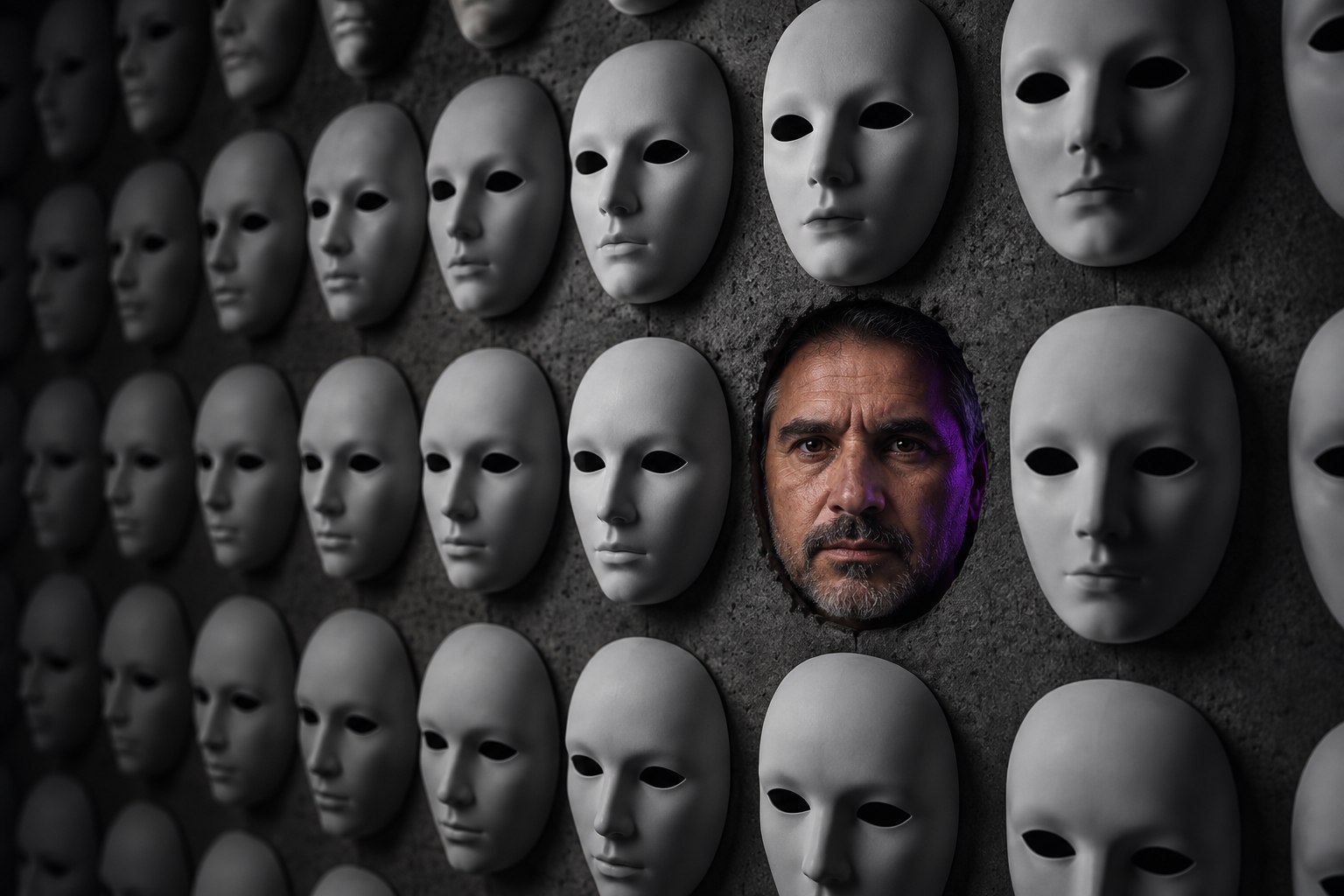 Un muro de máscaras blancas idénticas con una cara humana real asomando por el único hueco