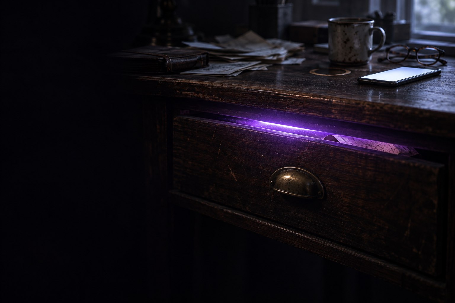 Un cajón casi cerrado del que se escapa una línea de luz violeta