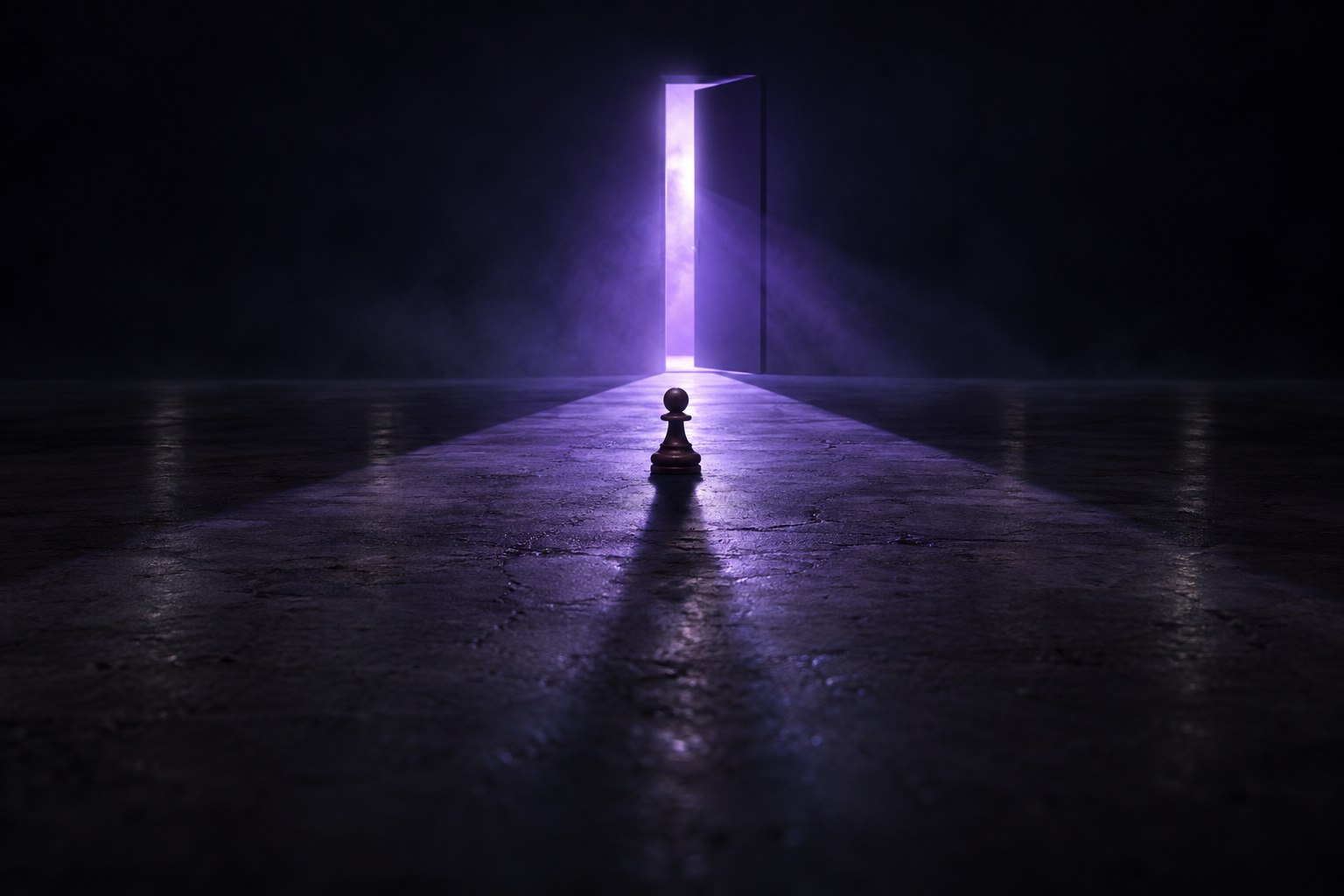 Una puerta entreabierta deja salir luz violeta sobre un peón solo en el suelo